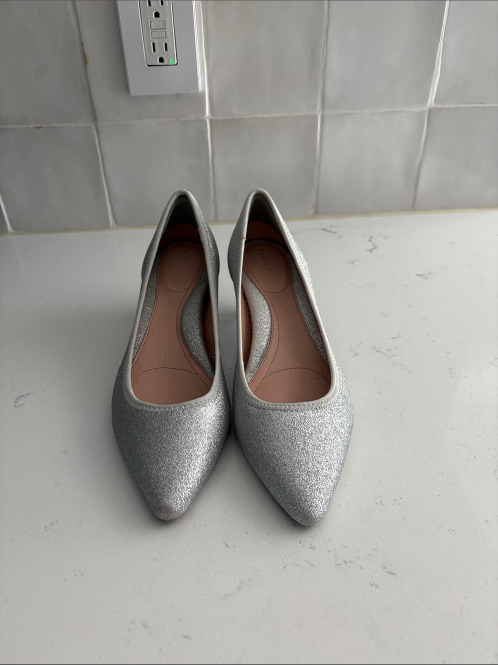 Taryn Rose Silver Glitter Pointed-Toe Flats-Size 9